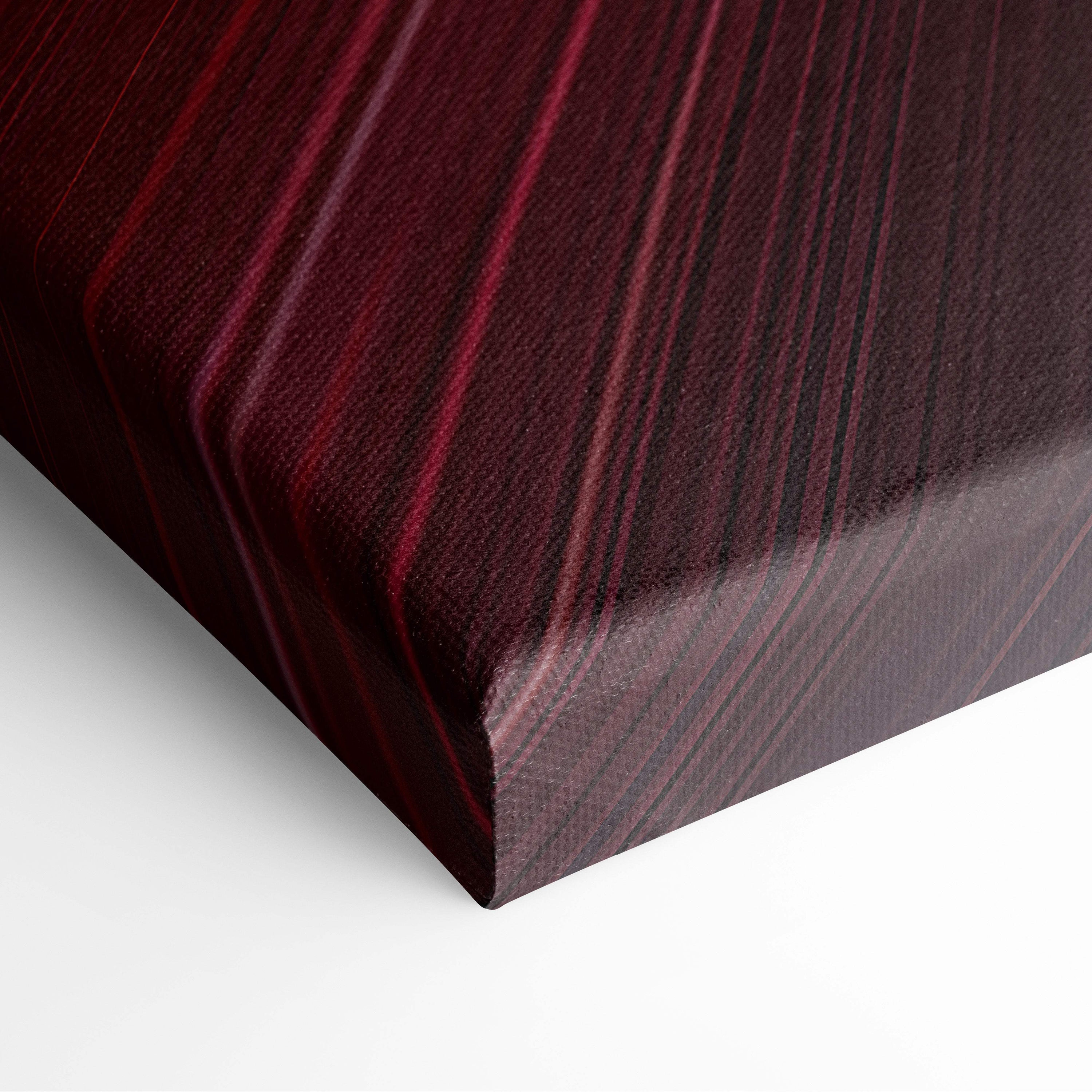 A deep burgundy fabric canvas print with diagonal stripes for red hypercar racing through neon light tunnel wall art
