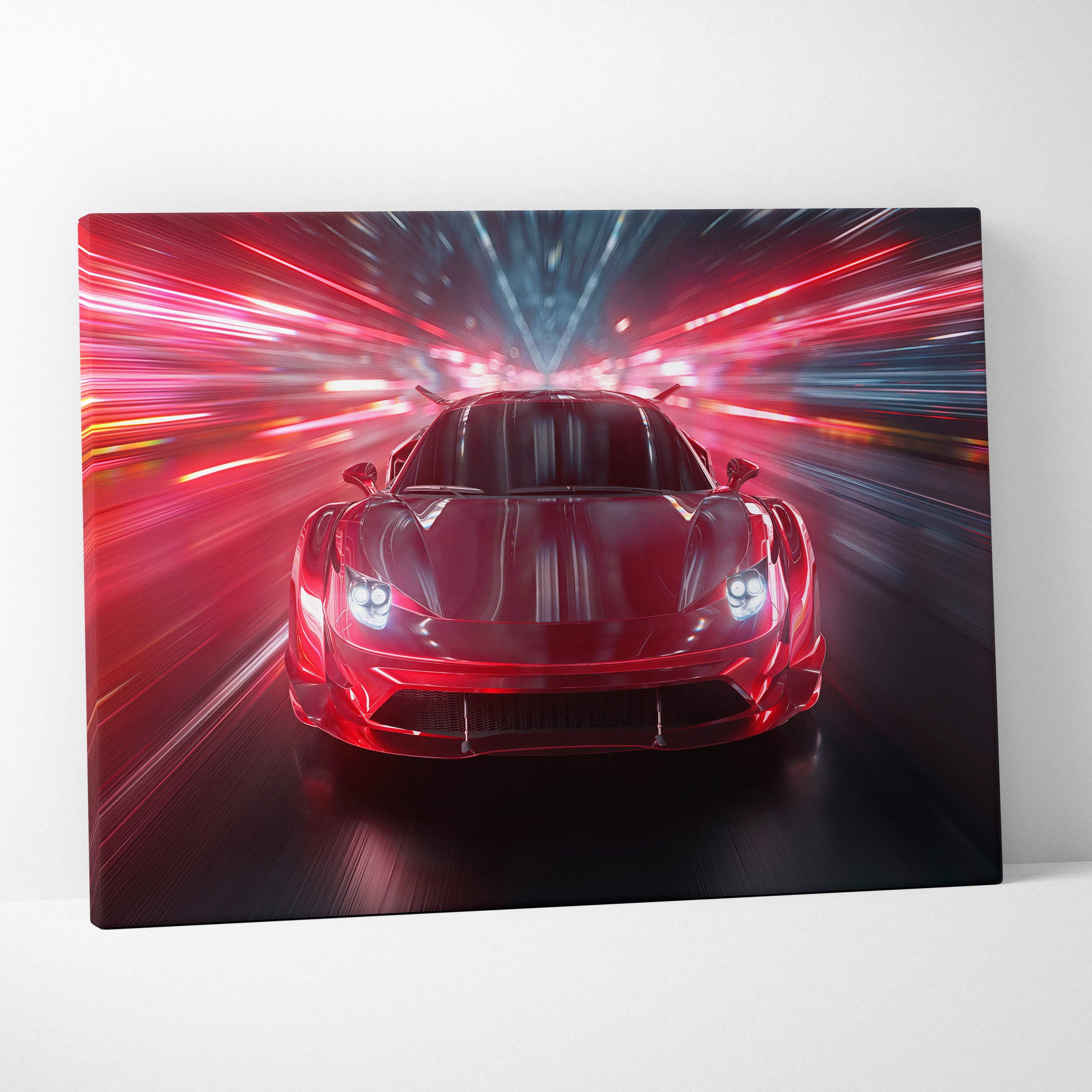 Vibrant red sports car on canvas with dynamic motion blur effects racing through neon light tunnel wall art print