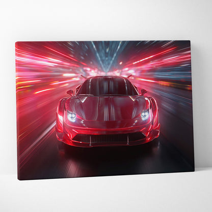 Vibrant red sports car on canvas with dynamic motion blur effects racing through neon light tunnel wall art print