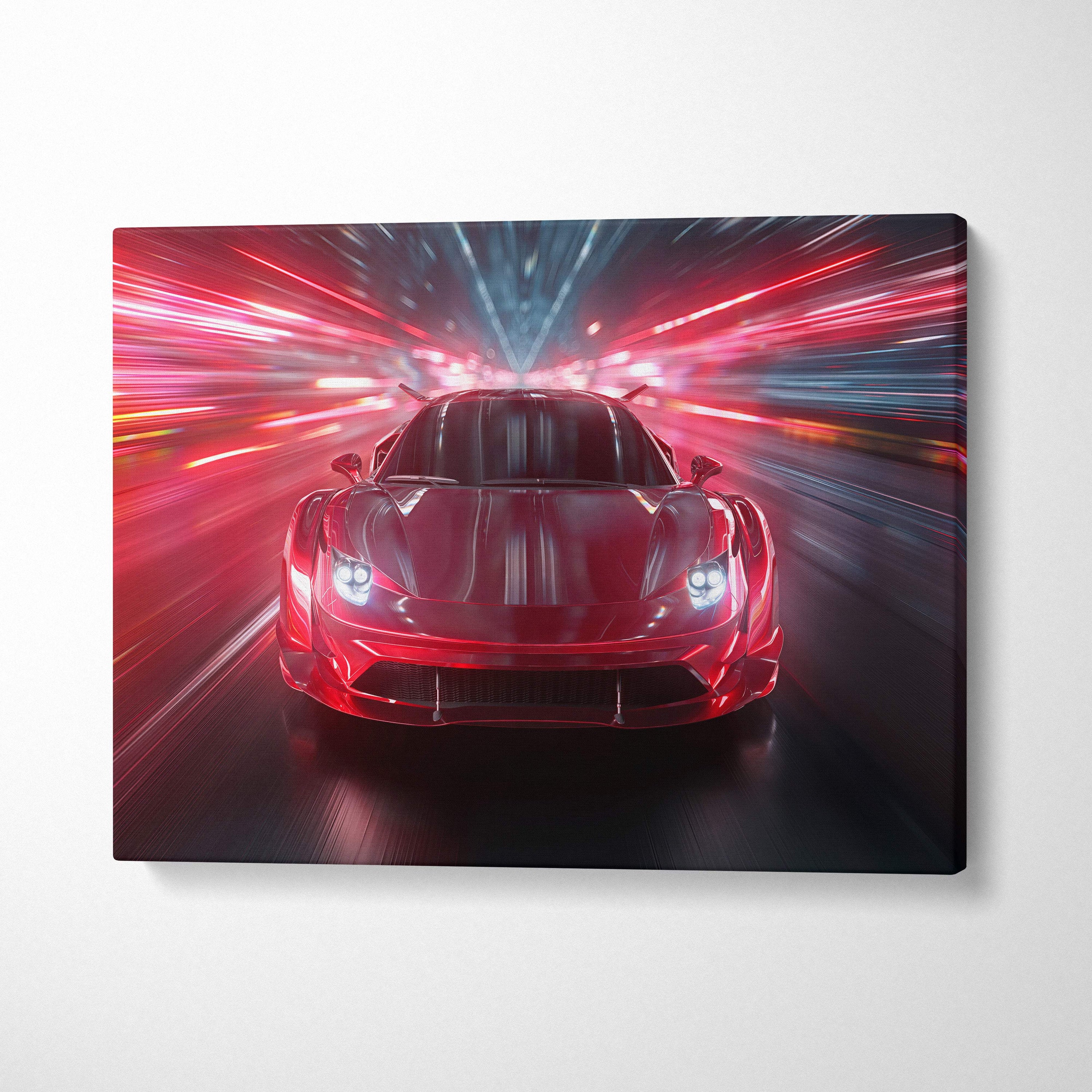 Red sports car canvas print showcasing a red hypercar racing through neon light tunnel with dynamic motion blur