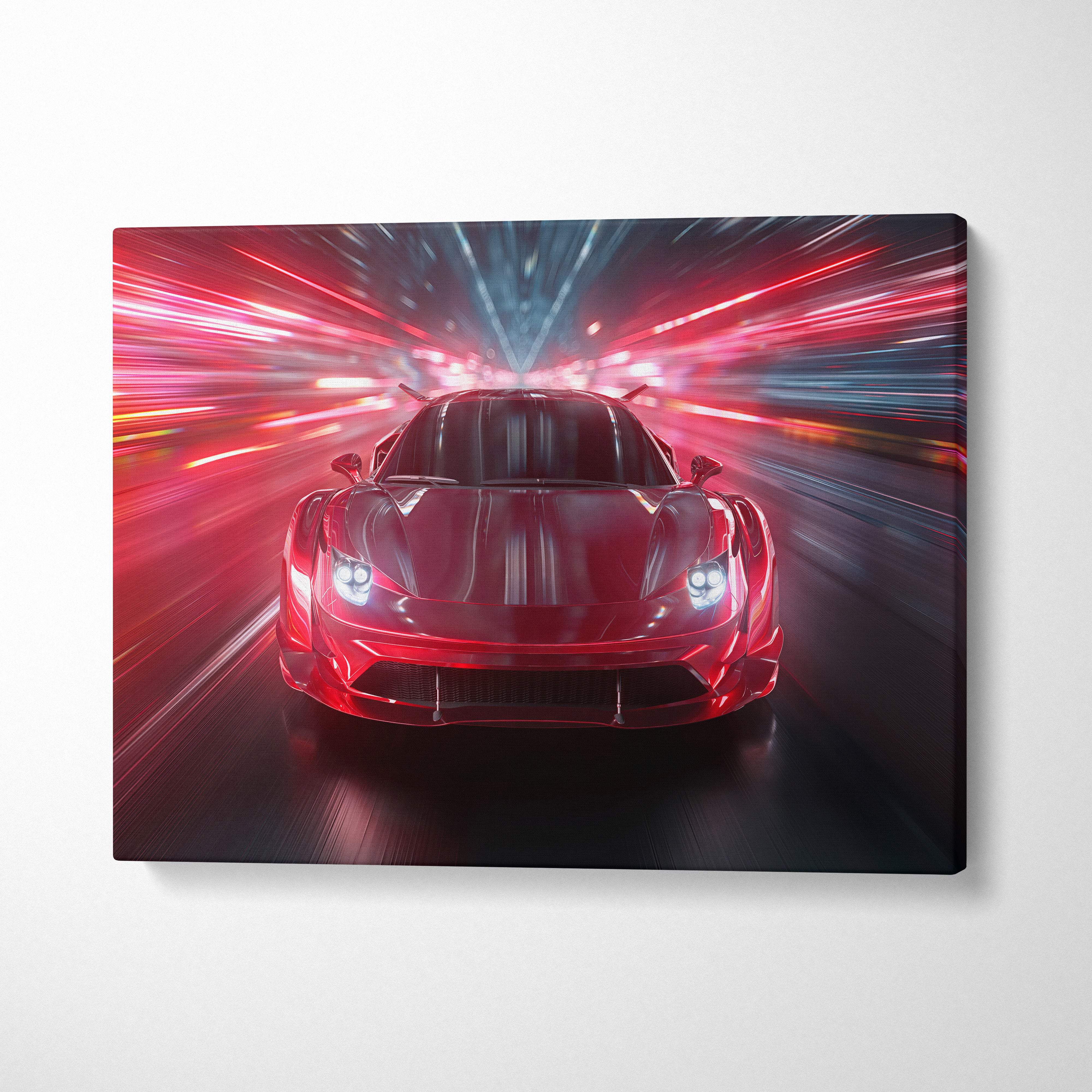 Red sports car canvas print showcasing a red hypercar racing through neon light tunnel with dynamic motion blur