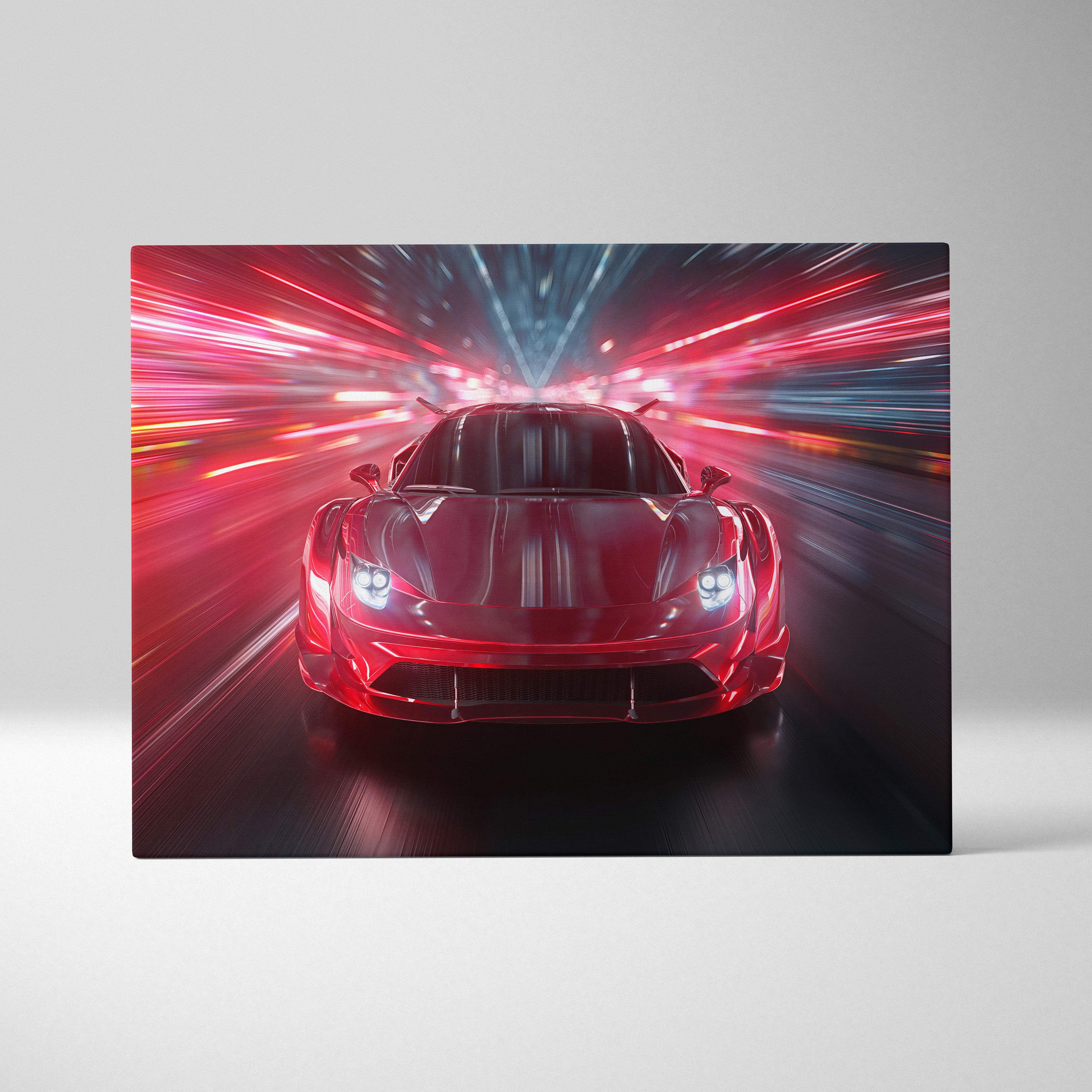 Vibrant red hypercar racing through neon light tunnel with intense motion blur and glowing headlights wall art print