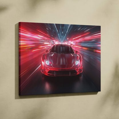 Vibrant red sports car with intense motion blur on stretched canvas wall art depicting high-speed neon tunnel race