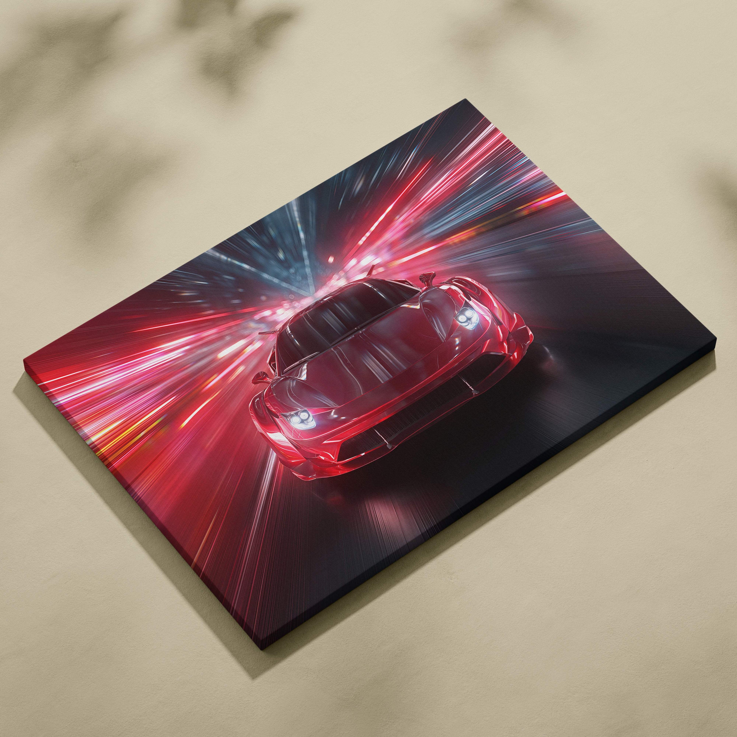 Vibrant red sports car canvas print with dynamic light streaks and glossy finish showcasing a futuristic hypercar in motion