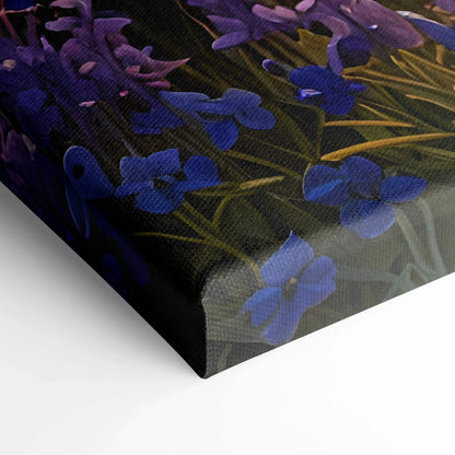 Close-up of vibrant purple floral watercolor on textured canvas wall art corner.
