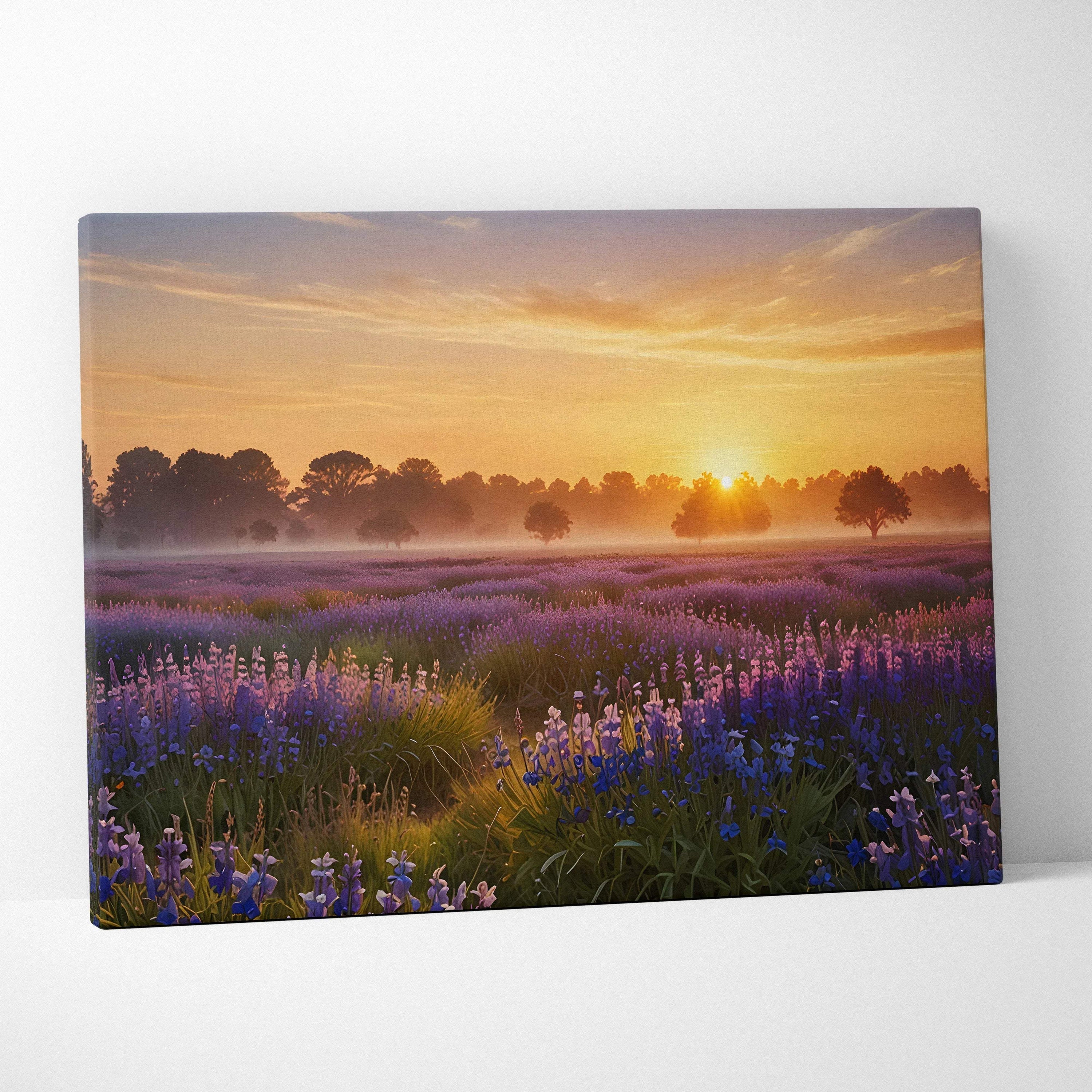 Canvas wall art featuring a vibrant sunset over a purple floral field with soft clouds and warm sunlight.