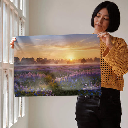 Sunset floral watercolor poster featuring vibrant purple flowers and glowing golden sky wall art.