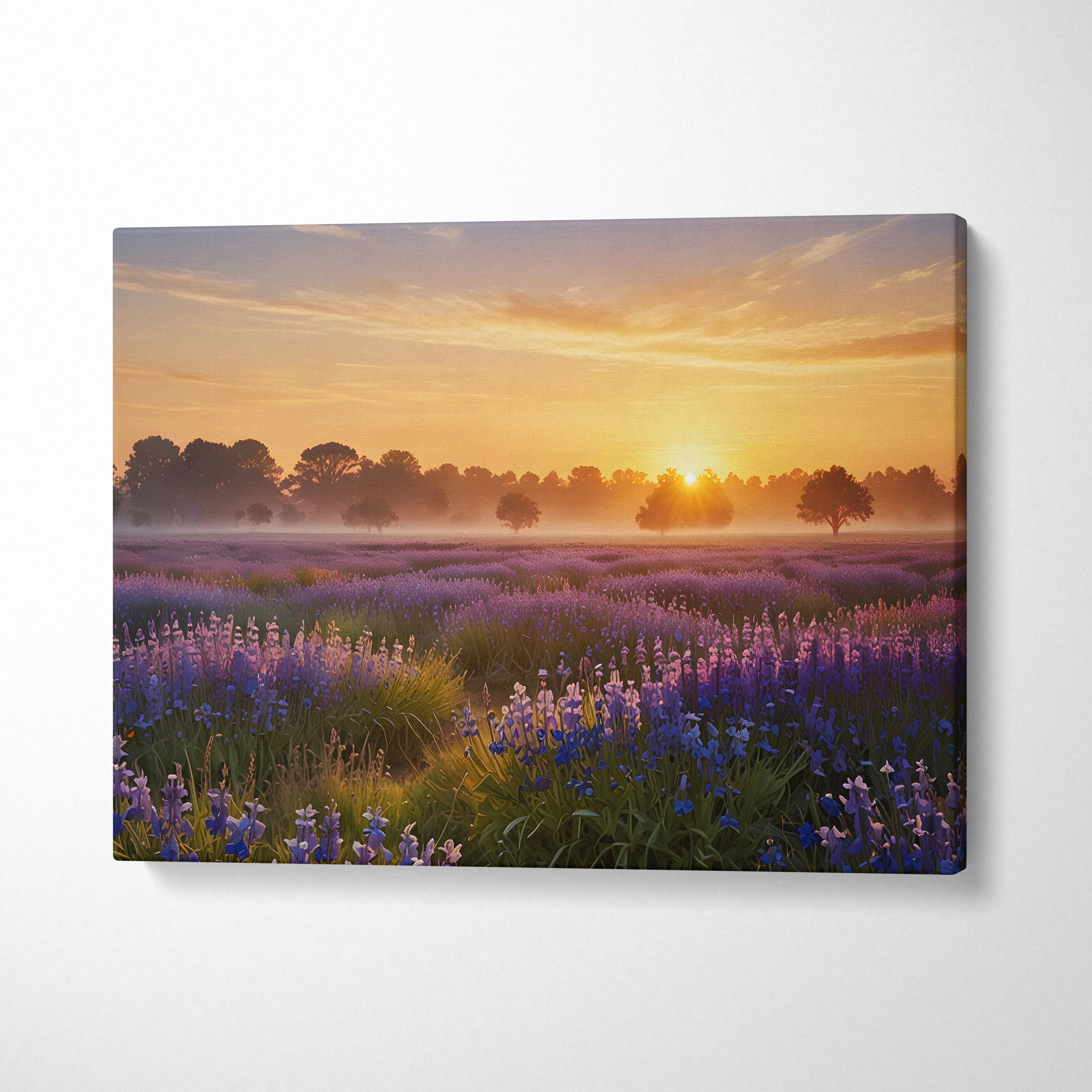 Canvas wall art featuring a vibrant sunset over a lavender flower field with soft clouds and trees silhouette.