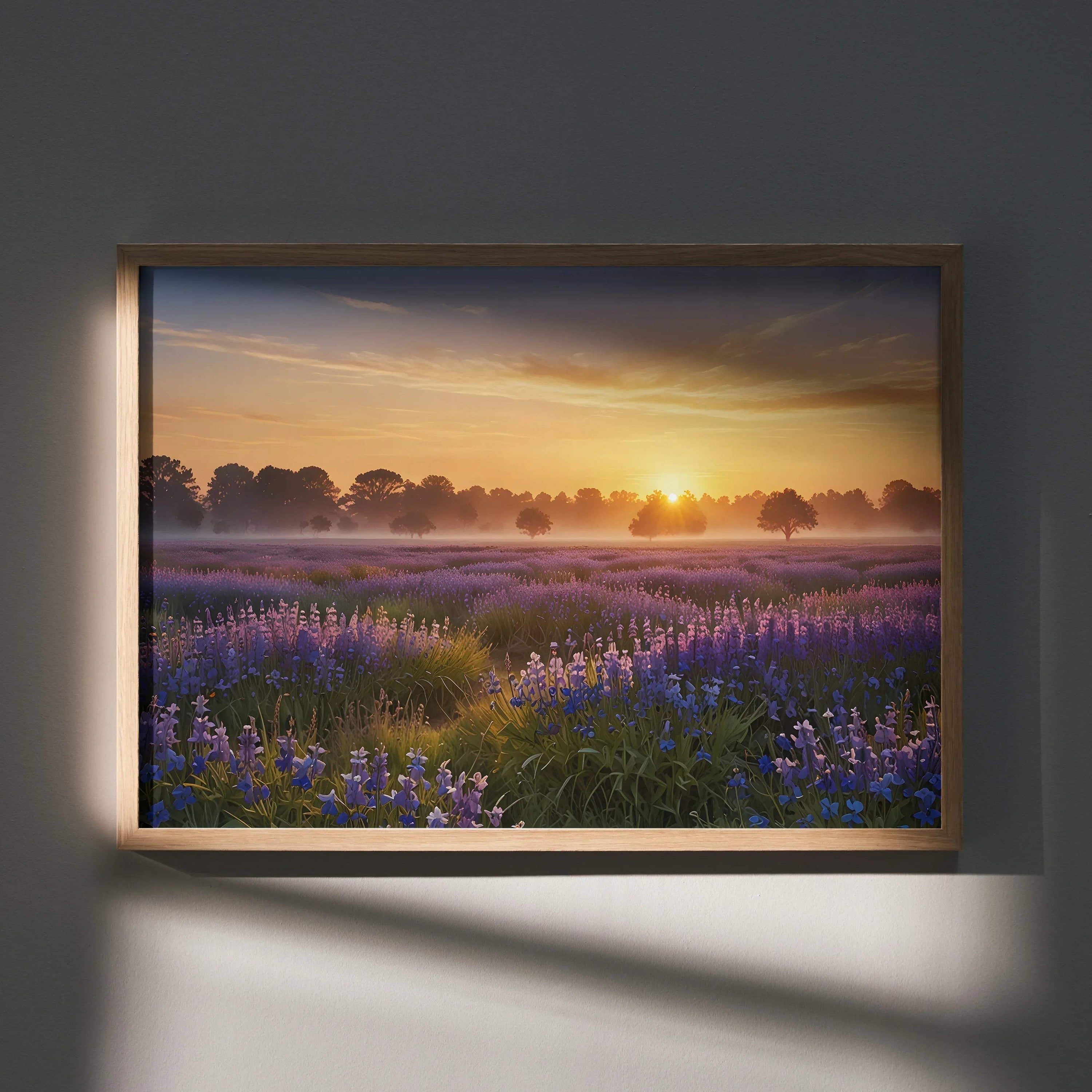 Sunset watercolor poster with purple wildflowers and glowing golden sky wall art.