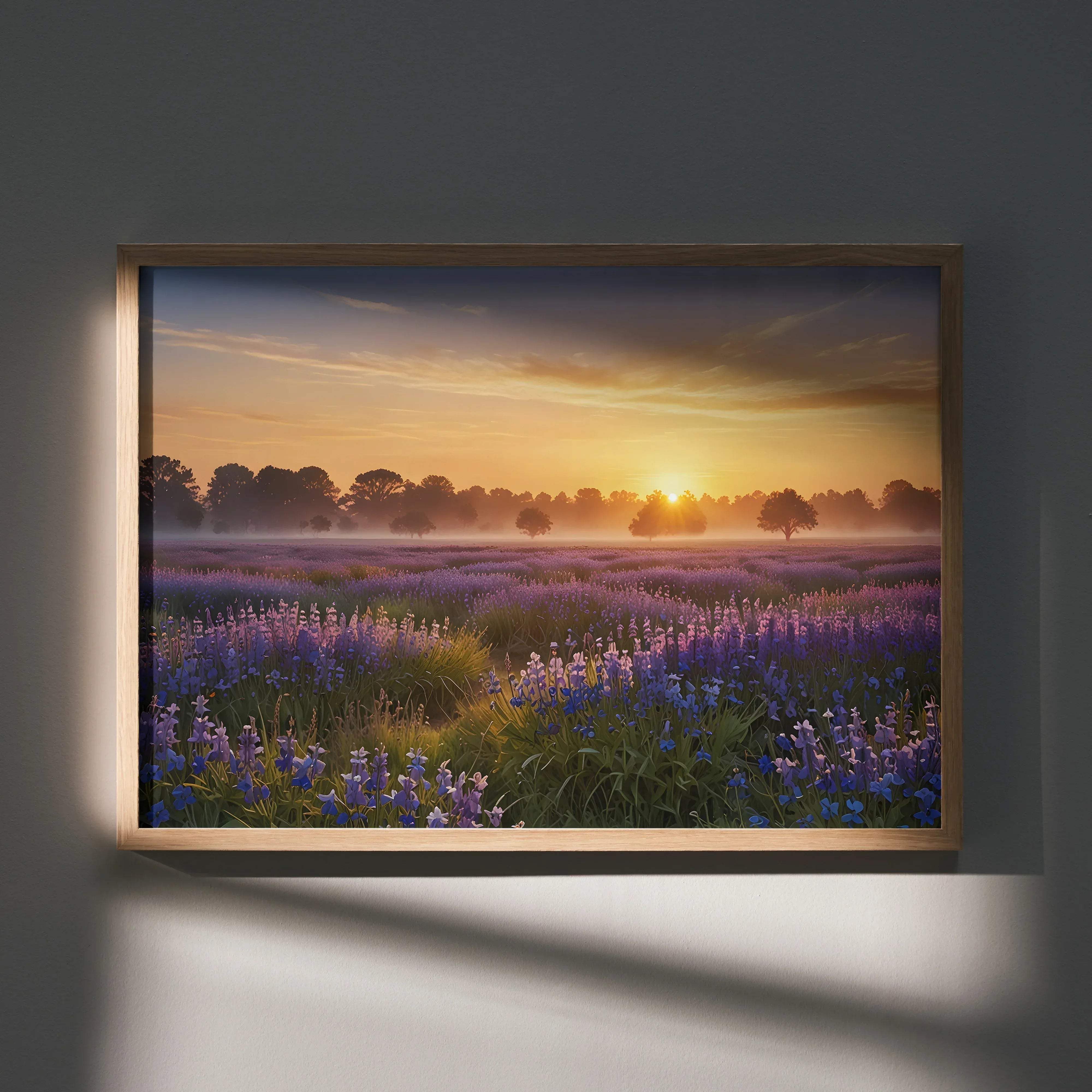 A rectangular framed vibrant watercolor styled sunset floral digital art poster of a lavender field in a light wood frame