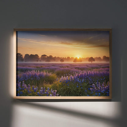 Sunset watercolor poster with purple wildflowers and glowing golden sky wall art.
