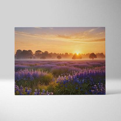 Canvas wall art featuring vibrant sunset over a lavender field with warm orange and purple tones.