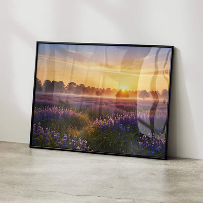 Vibrant watercolor sunset floral poster with purple flowers and glowing horizon wall art.