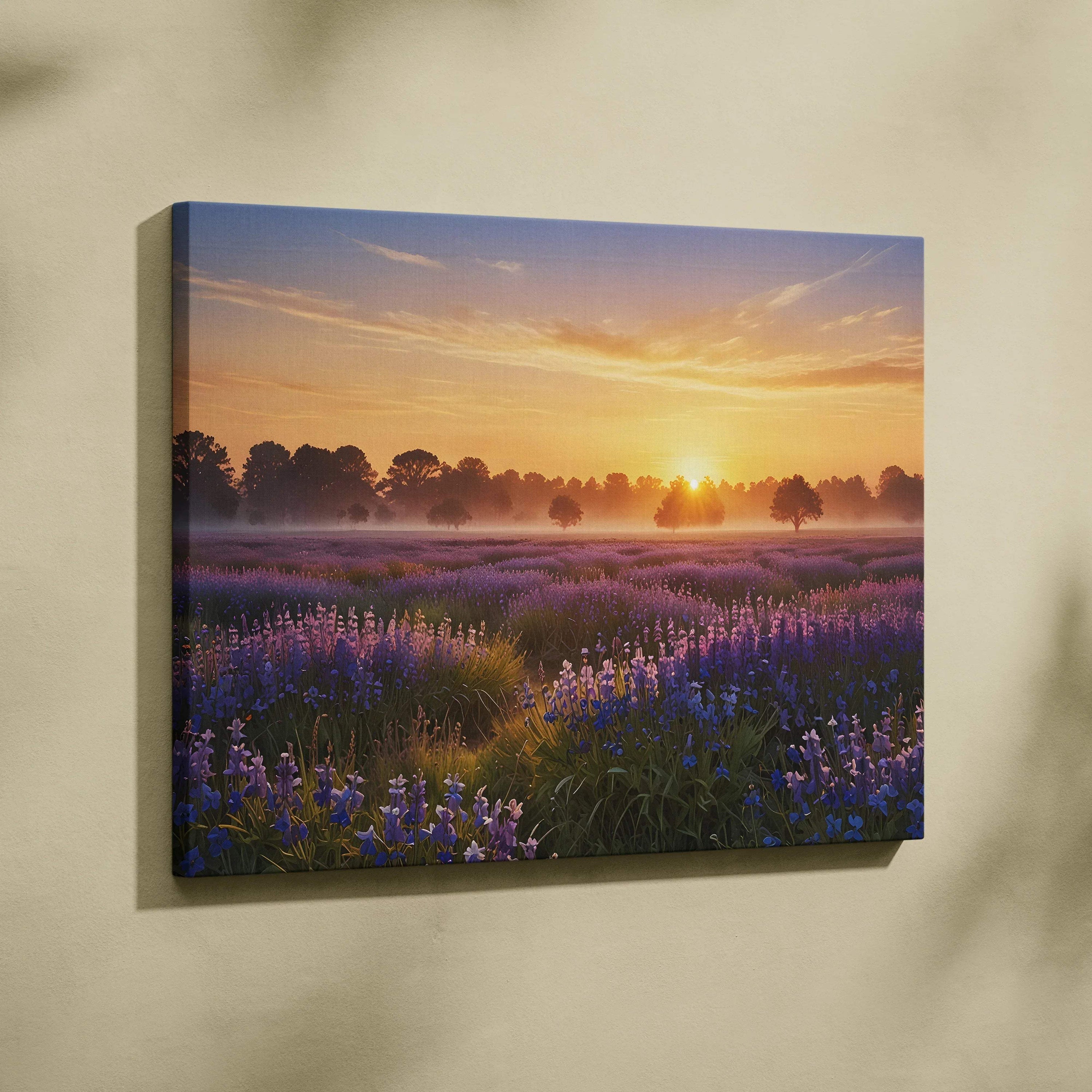 Sunset floral landscape canvas wall art with purple flowers and golden sky ambiance.