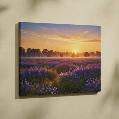 Sunset floral landscape canvas wall art with purple flowers and golden sky ambiance.