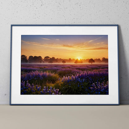 Sunset floral field with purple flowers and warm sky watercolor poster wall art.