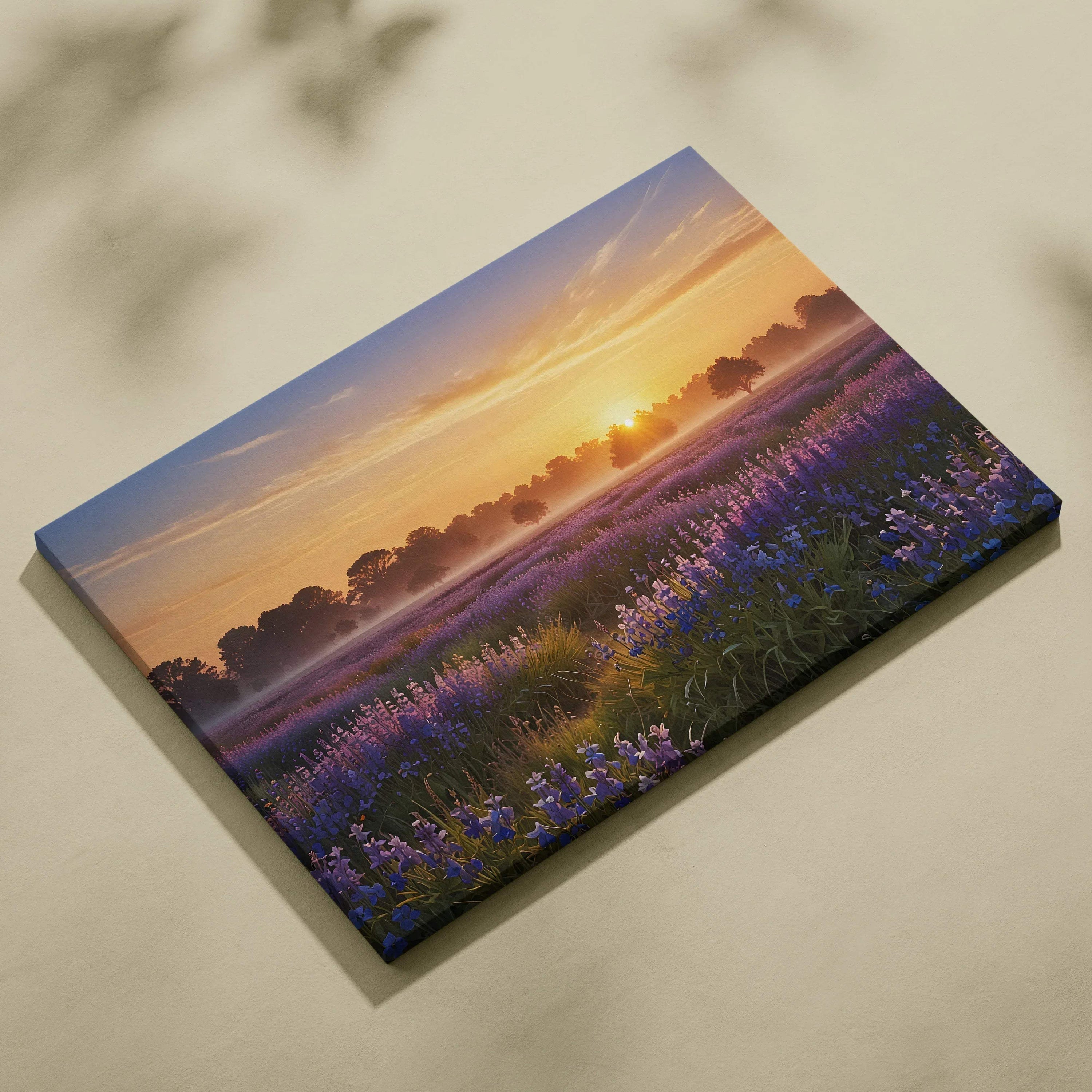 Sunset over purple wildflowers canvas wall art with soft golden light and watercolor effect.