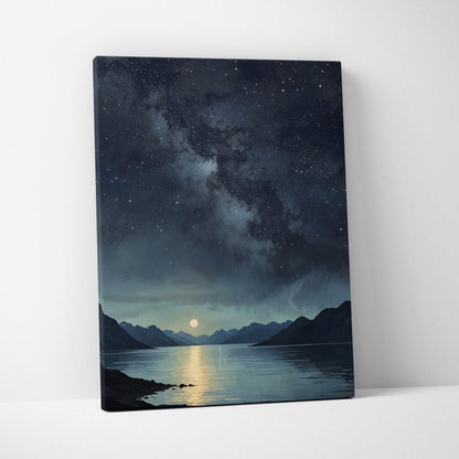 Canvas wall art featuring a starry night sky and moon reflecting over calm mountain lake.
