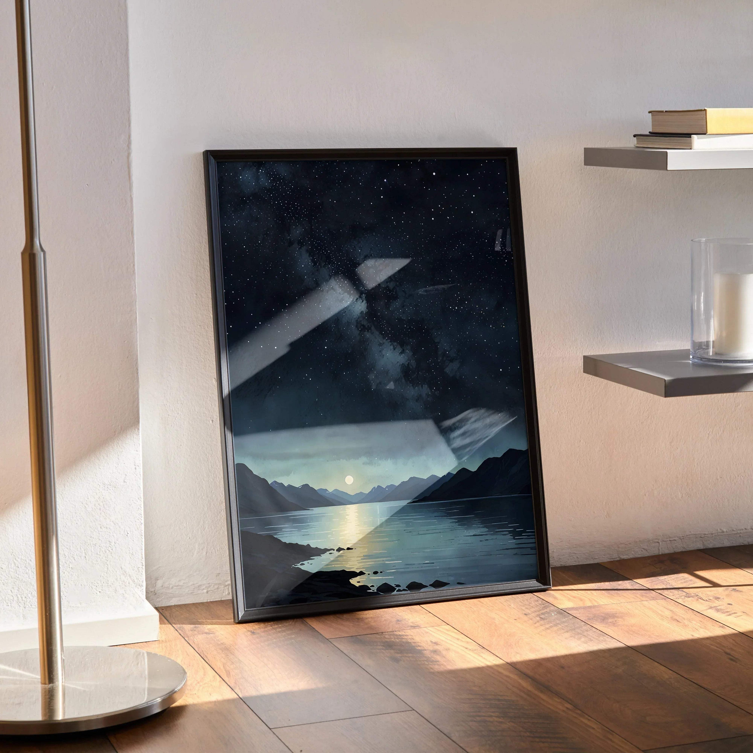 Watercolor style night sky poster with stars and mountains, vertical wall art in black frame.