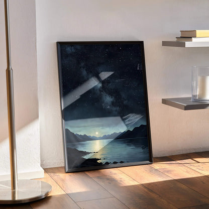 Watercolor style night sky poster with stars and mountains, vertical wall art in black frame.