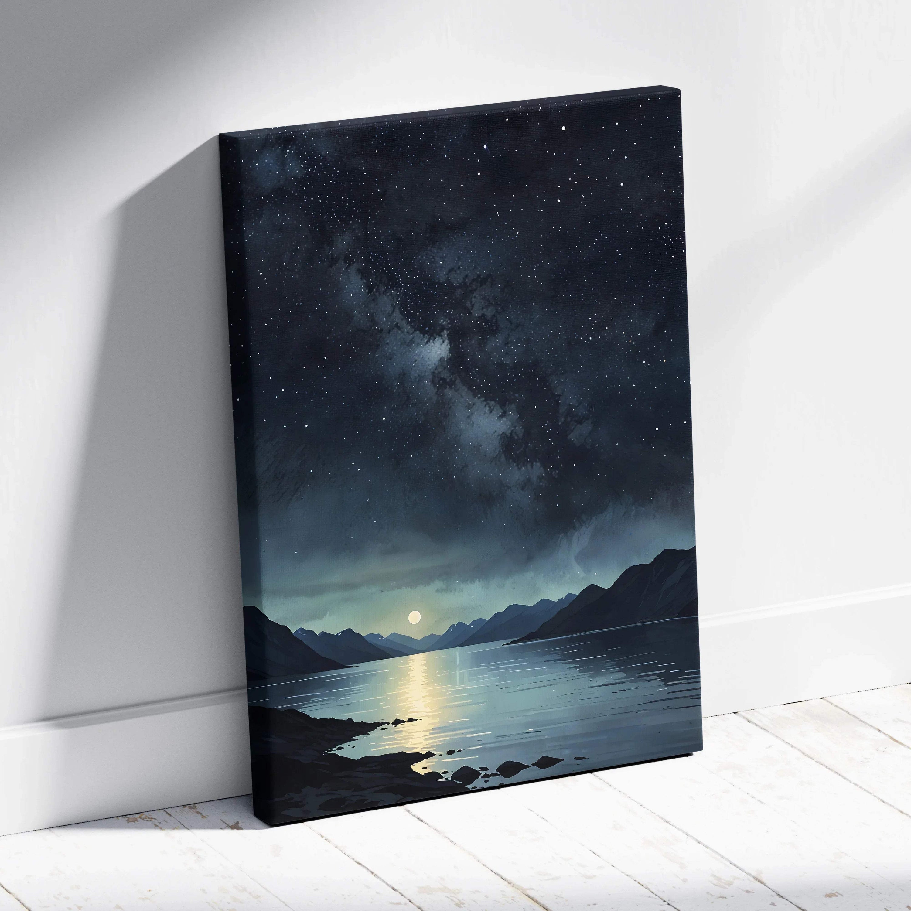 Vertical canvas wall art depicting a starry night sky over mountains and a reflective lake.