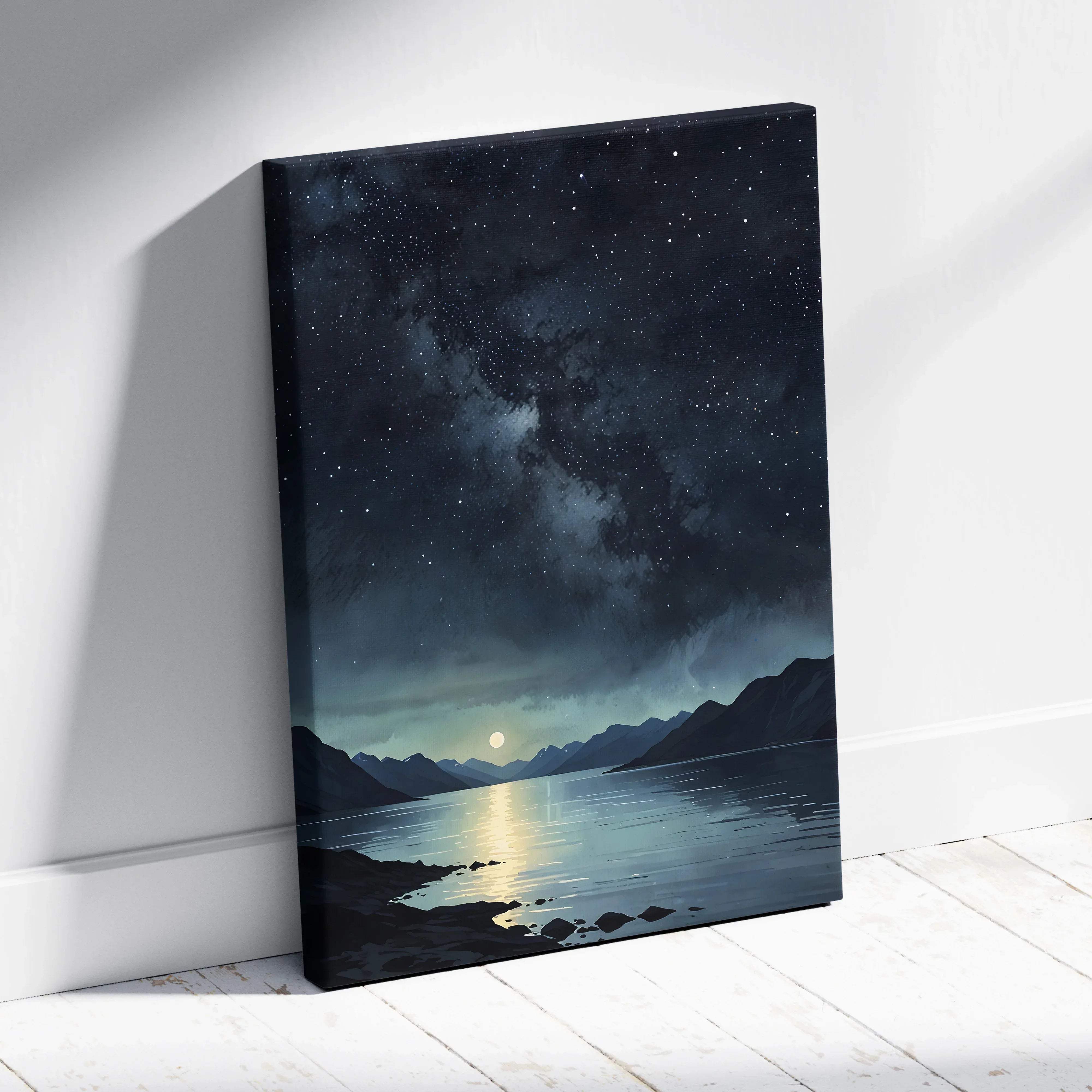 Watercolor canvas wall art of starry night sky over serene moonlit lake with mountains in deep moody celestial blues