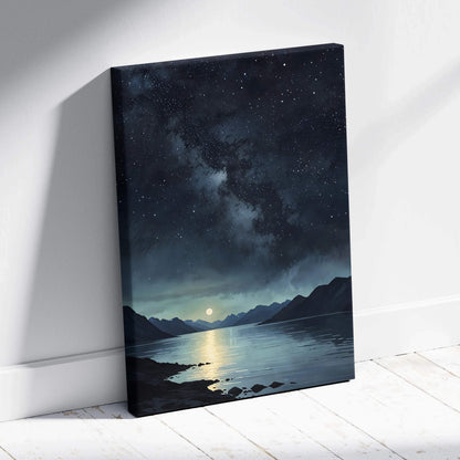 Vertical canvas wall art depicting a starry night sky over mountains and a reflective lake.