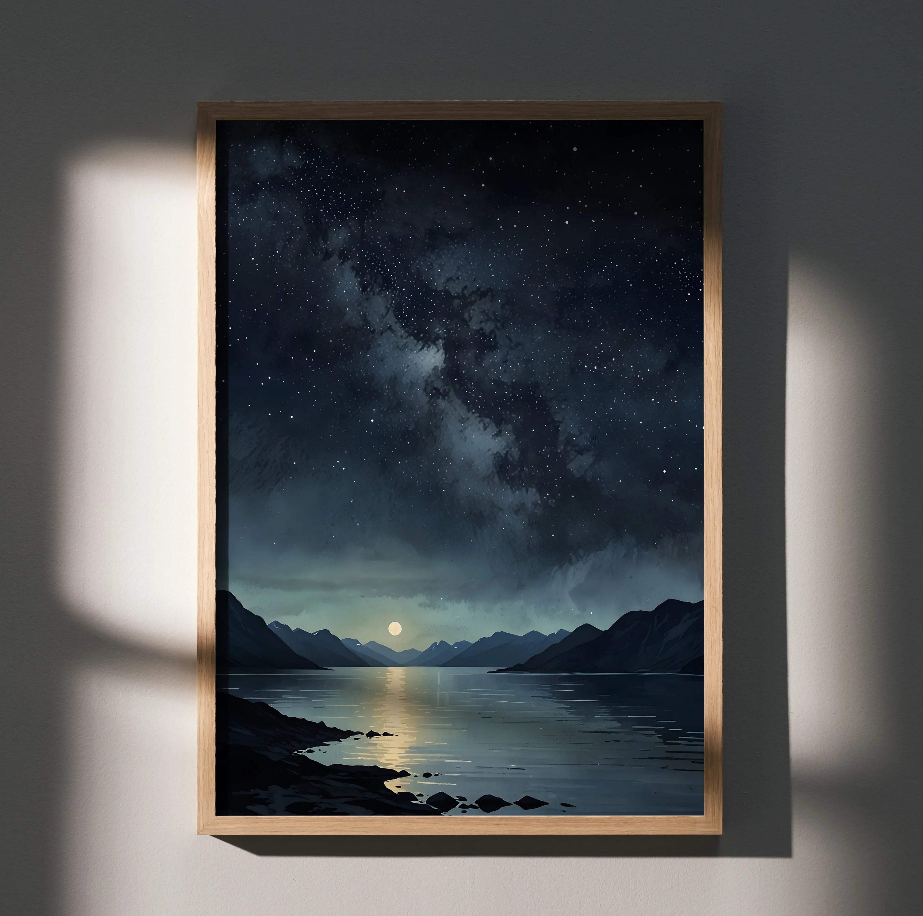 Watercolor style night sky poster with stars over calm lake and mountain silhouettes vertical wall art.