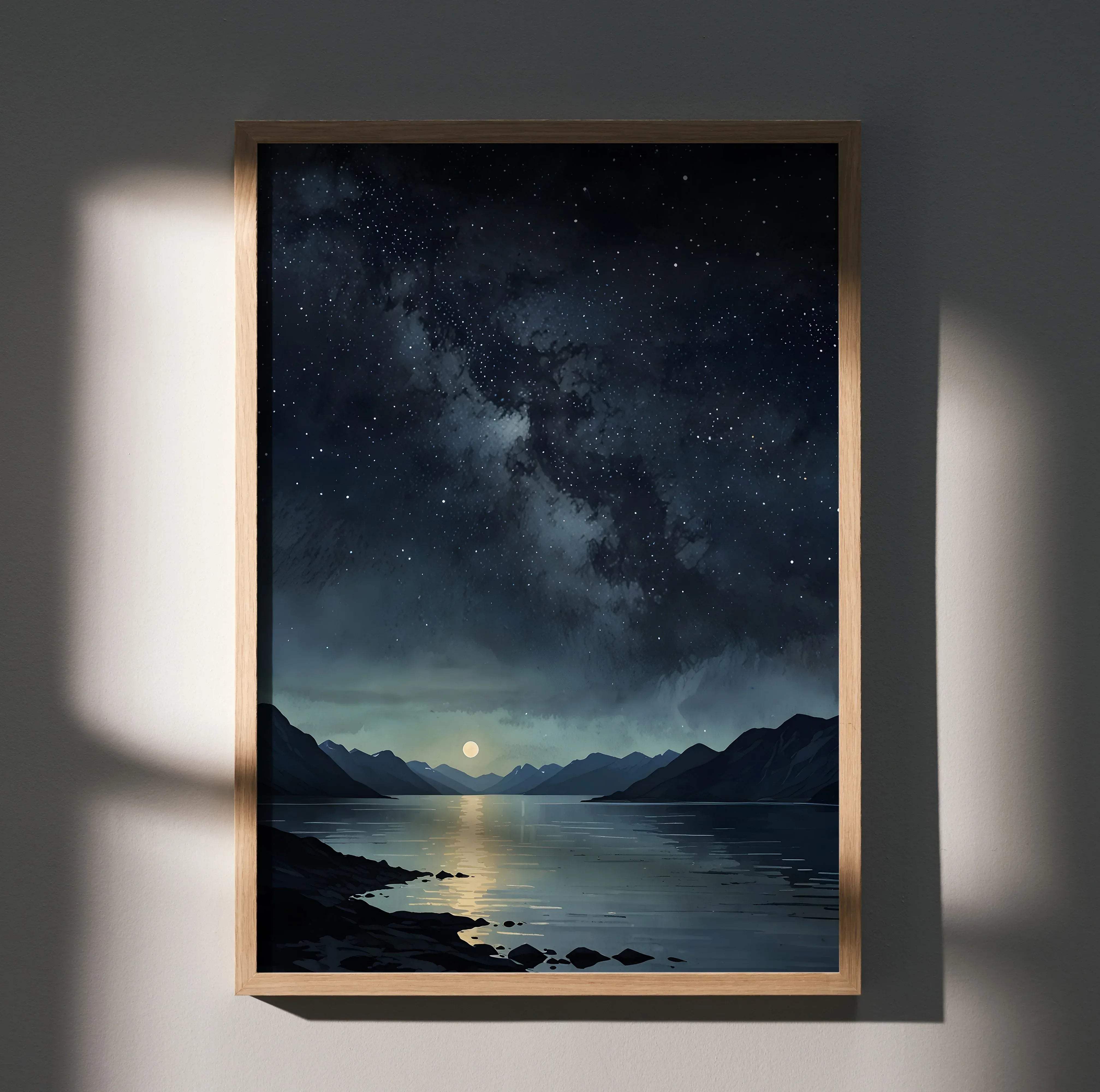 A framed watercolor style night sky art poster featuring a starry sky moonlight on calm water and distant mountains