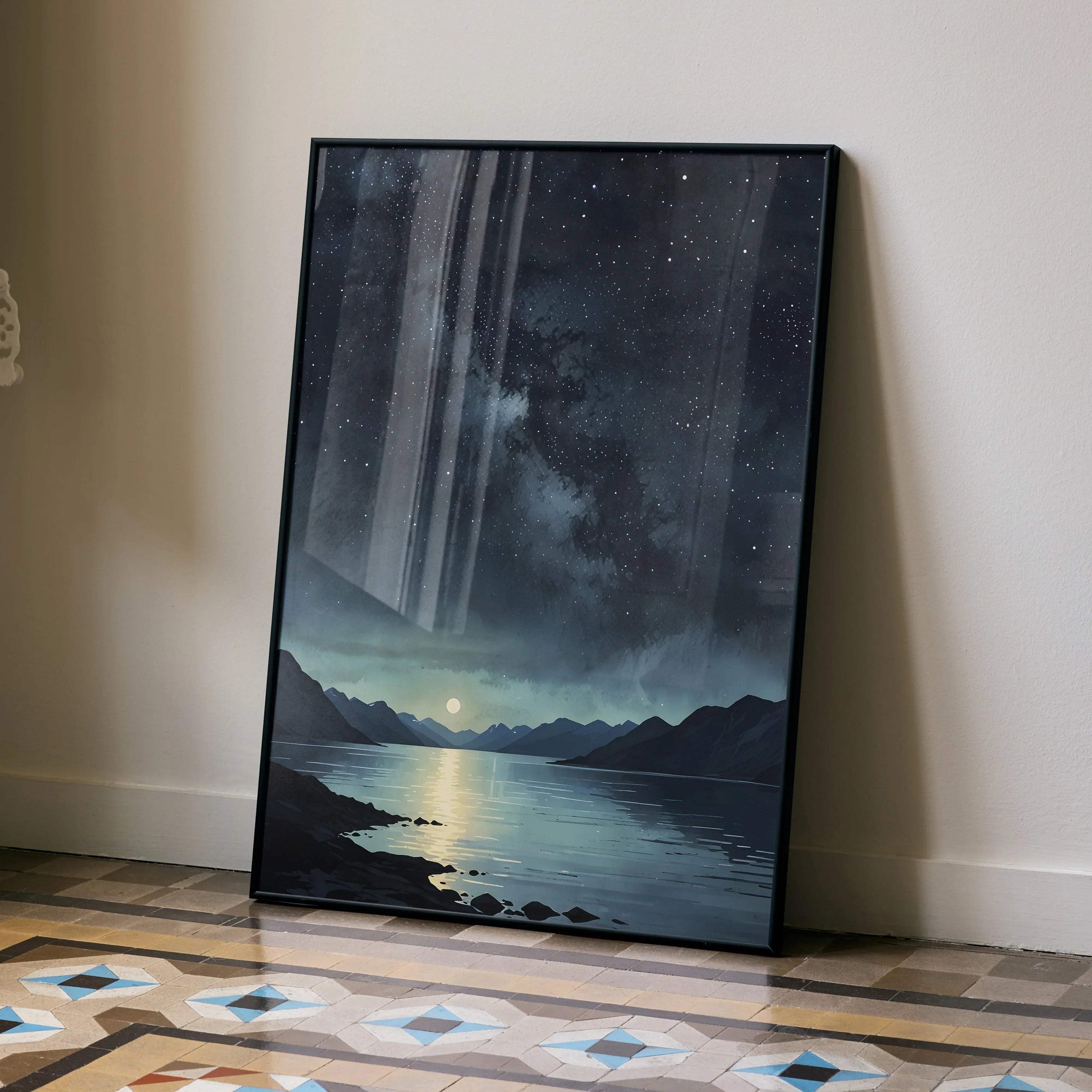 Watercolor style night sky art poster with stars over a lake, dark mountains, and reflected moonlight wall art.
