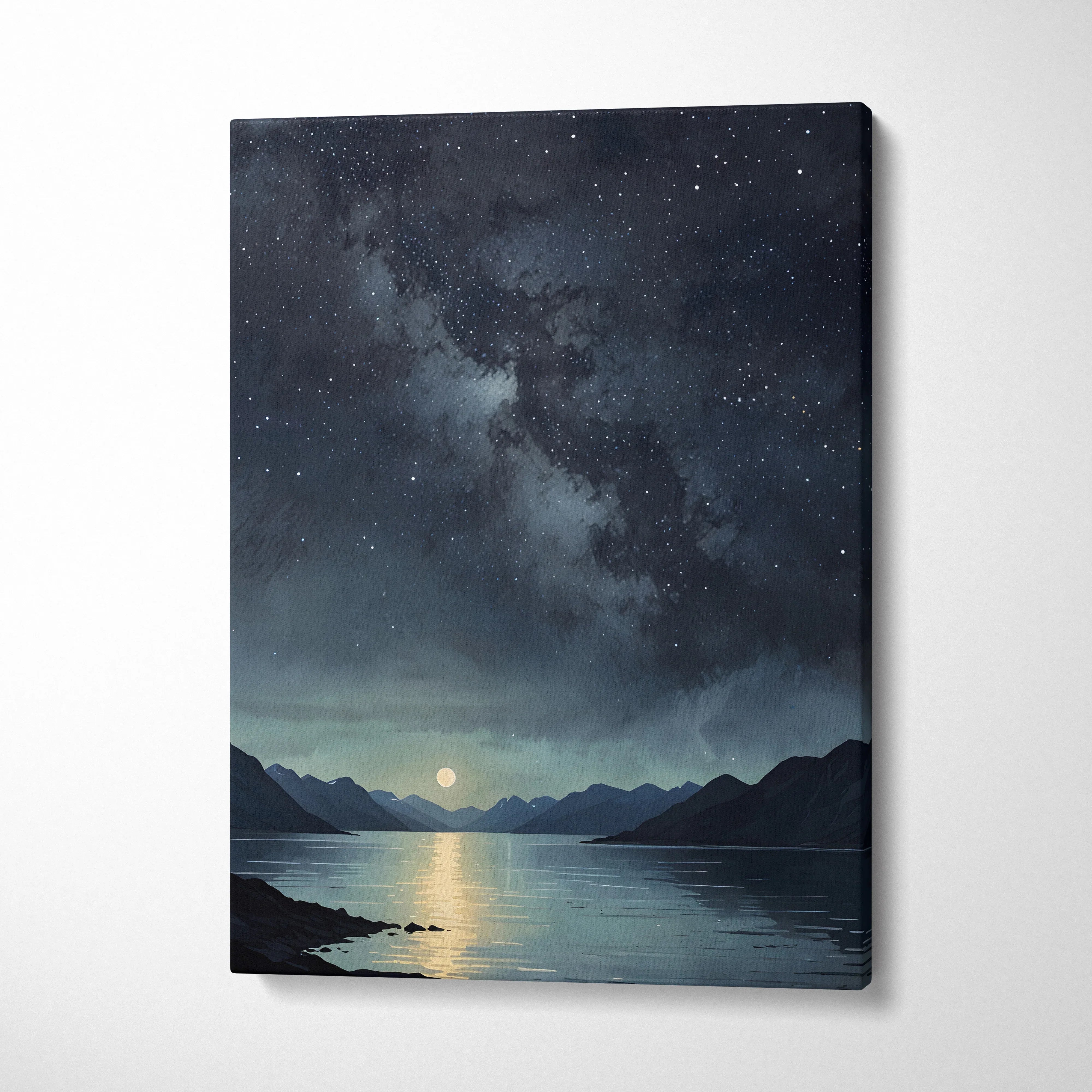 Vertical canvas wall art depicting a watercolor night sky with stars above calm lake and silhouetted mountains.