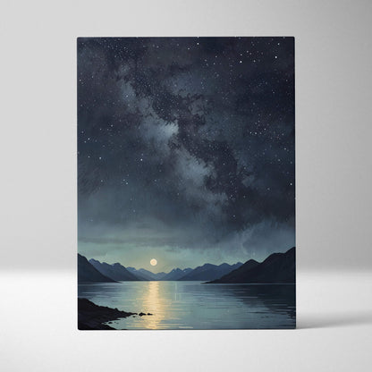 Starry night sky watercolor canvas wall art with moonlit lake and mountain silhouettes.