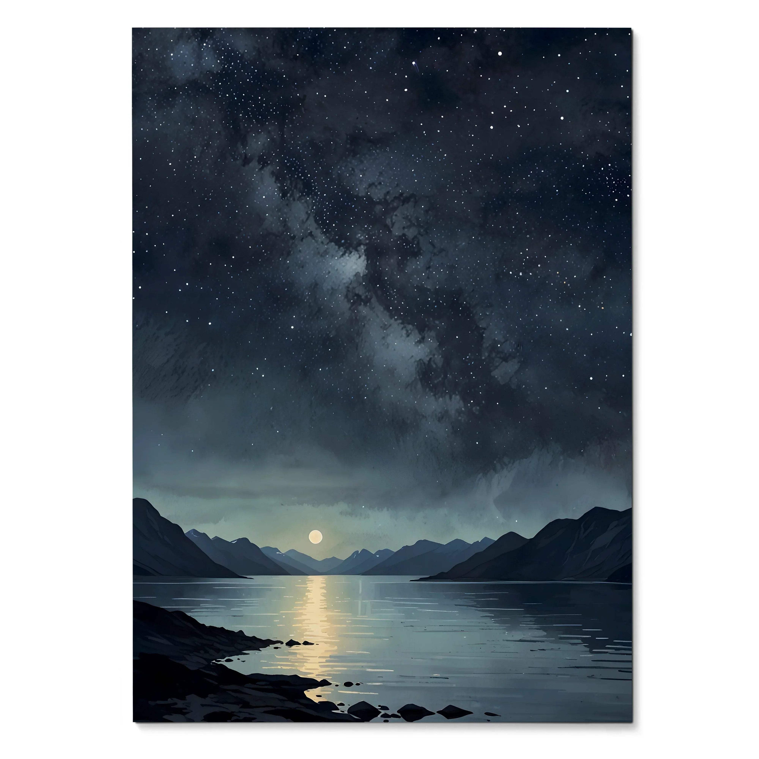 Vertical watercolor style night sky poster with stars over a calm lake and mountain silhouettes wall art.