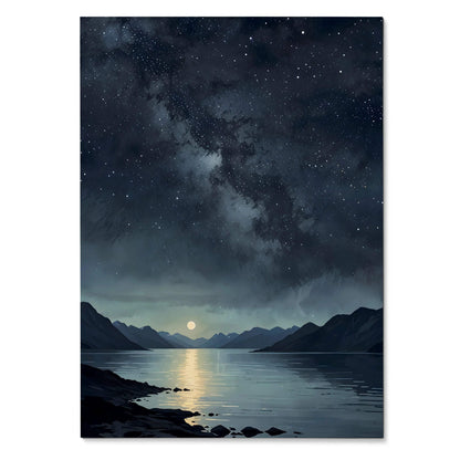 Vertical watercolor style night sky poster with stars over a calm lake and mountain silhouettes wall art.