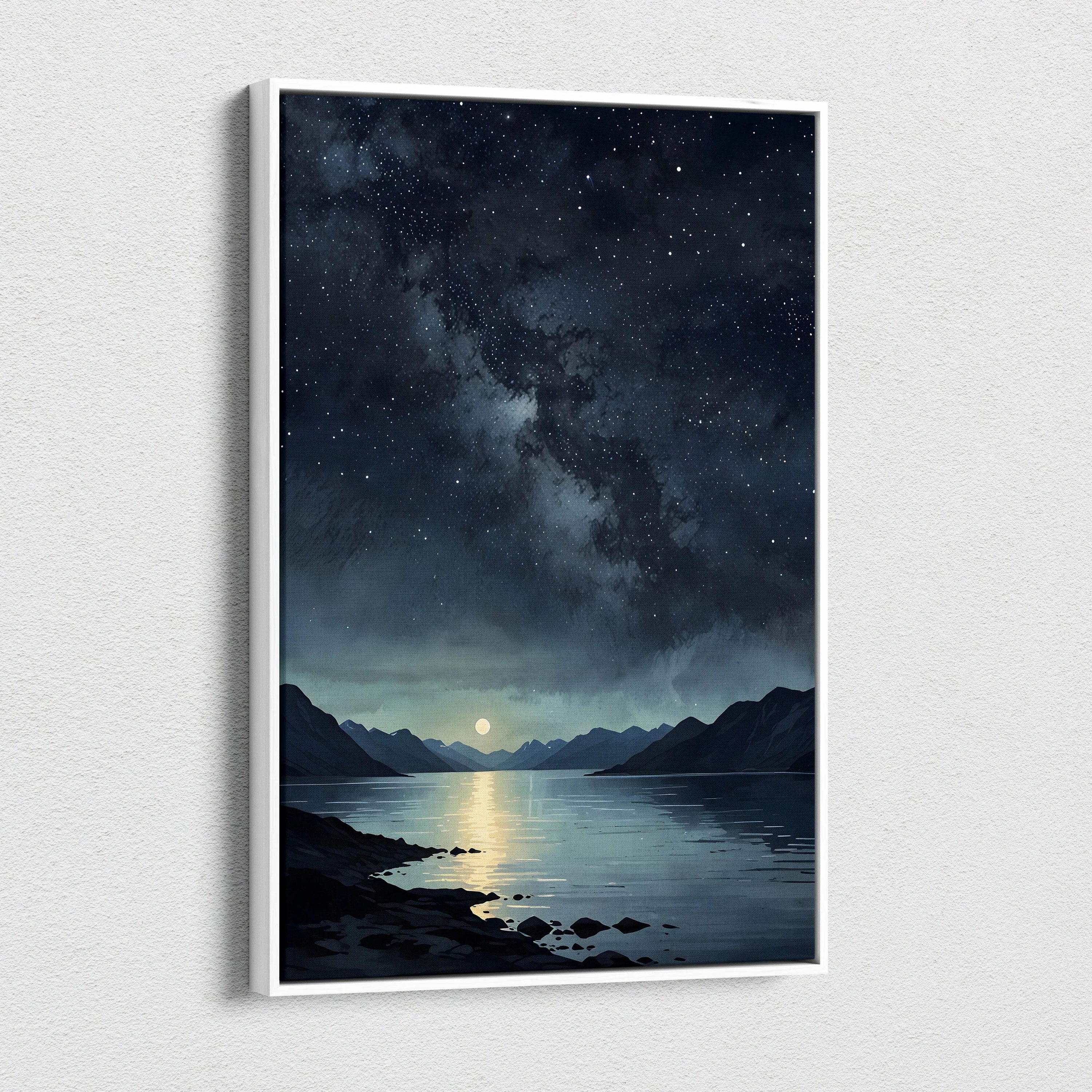 Vertical canvas wall art featuring a watercolor night sky with stars and a moonlit lake surrounded by dark mountains.