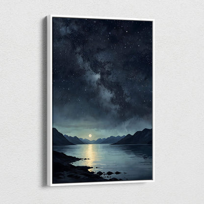Vertical canvas wall art featuring a watercolor night sky with stars and a moonlit lake surrounded by dark mountains.