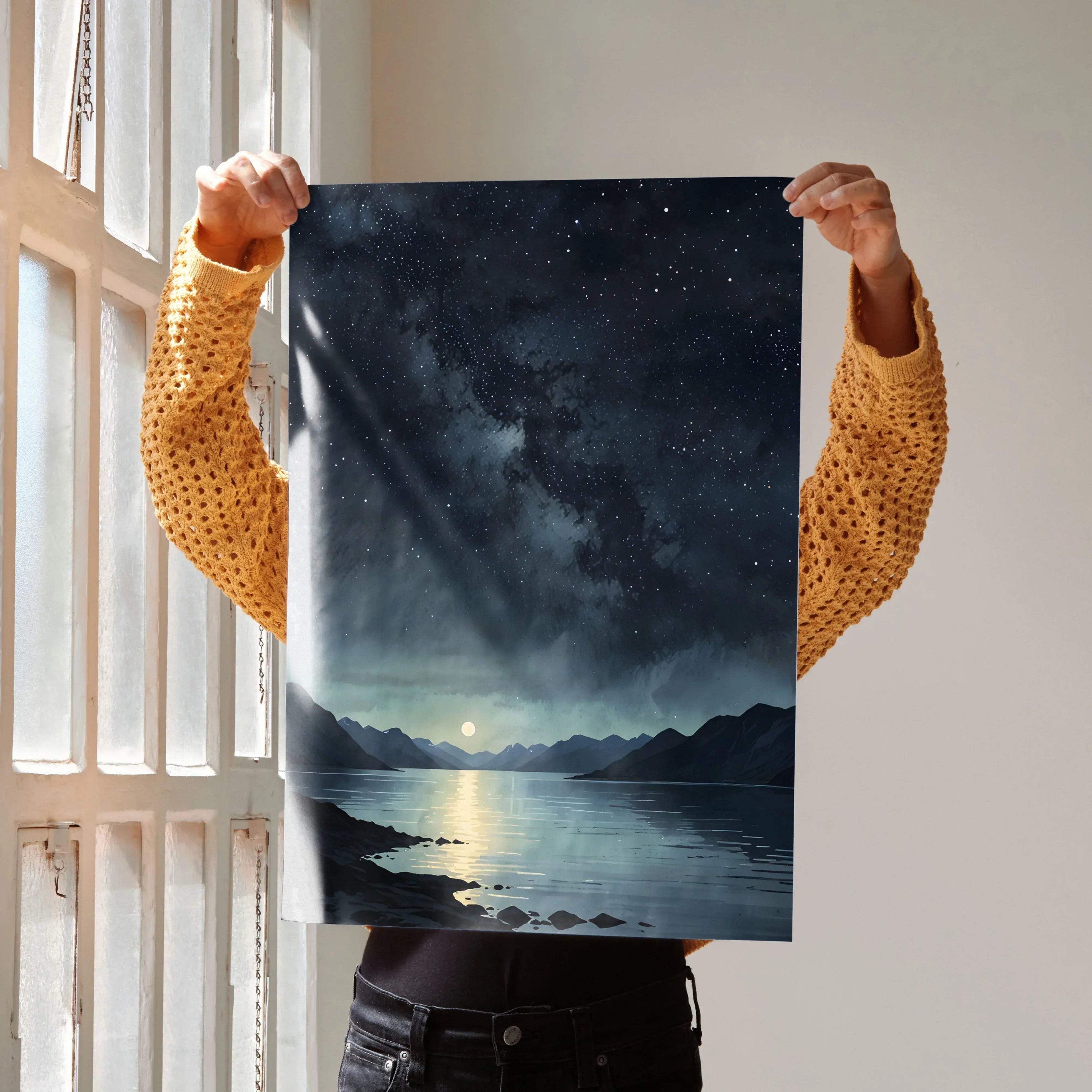 Watercolor style night sky poster with stars over mountains and water, vertical wall art.