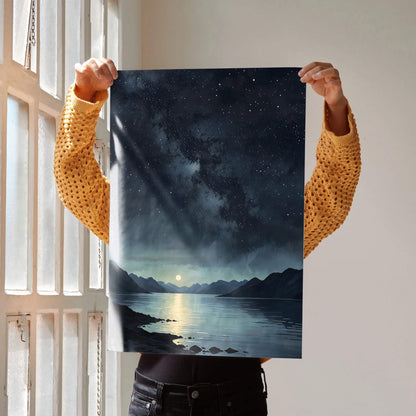 Watercolor style night sky poster with stars over mountains and water, vertical wall art.