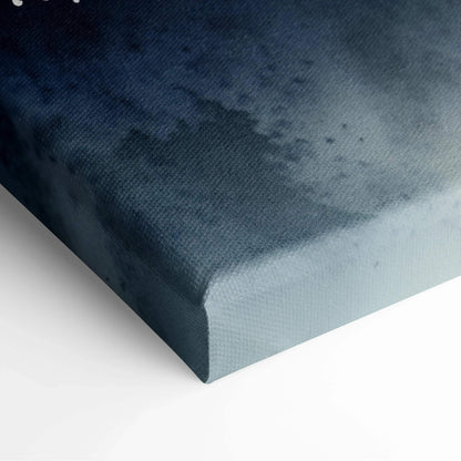 Canvas wall art corner showing dark blue and gray watercolor texture on stretched canvas edge.