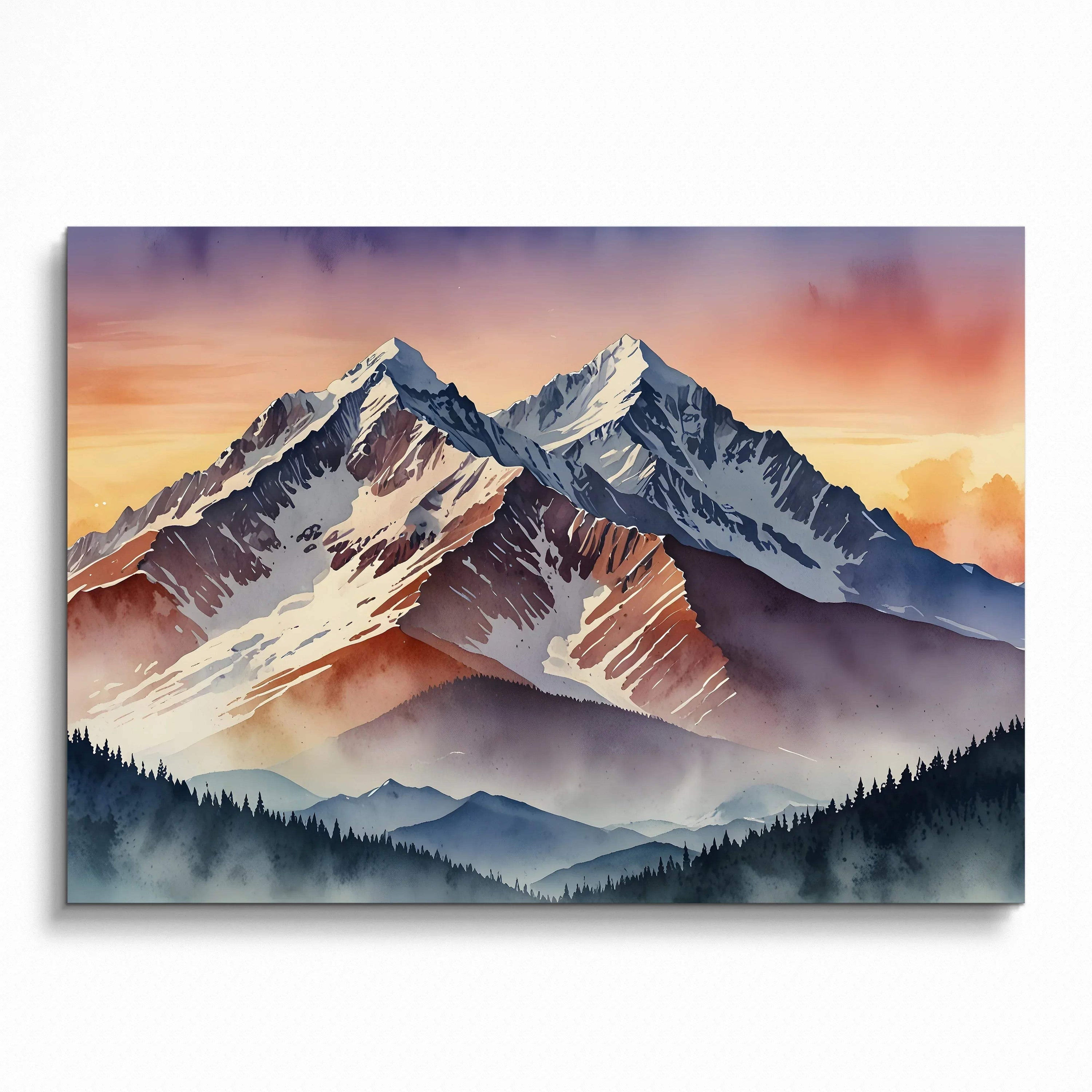 Watercolor poster of snowy mountain peaks at sunset with layered forest silhouettes wall art.