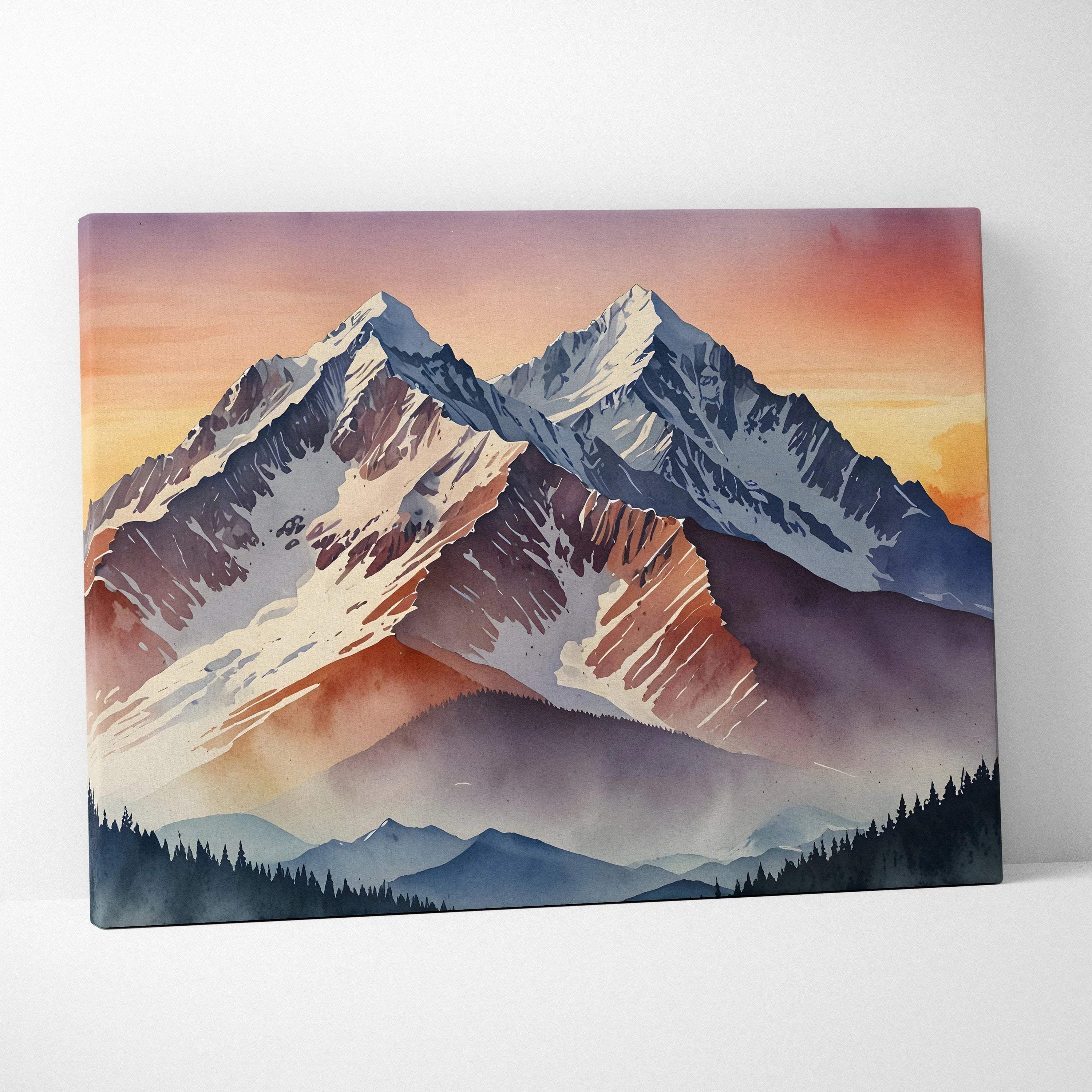 Watercolor canvas wall art of mountains at sunset with warm orange and purple hues.