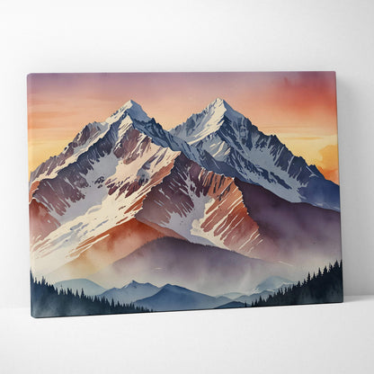 Watercolor canvas wall art of mountains at sunset with warm orange and purple hues.