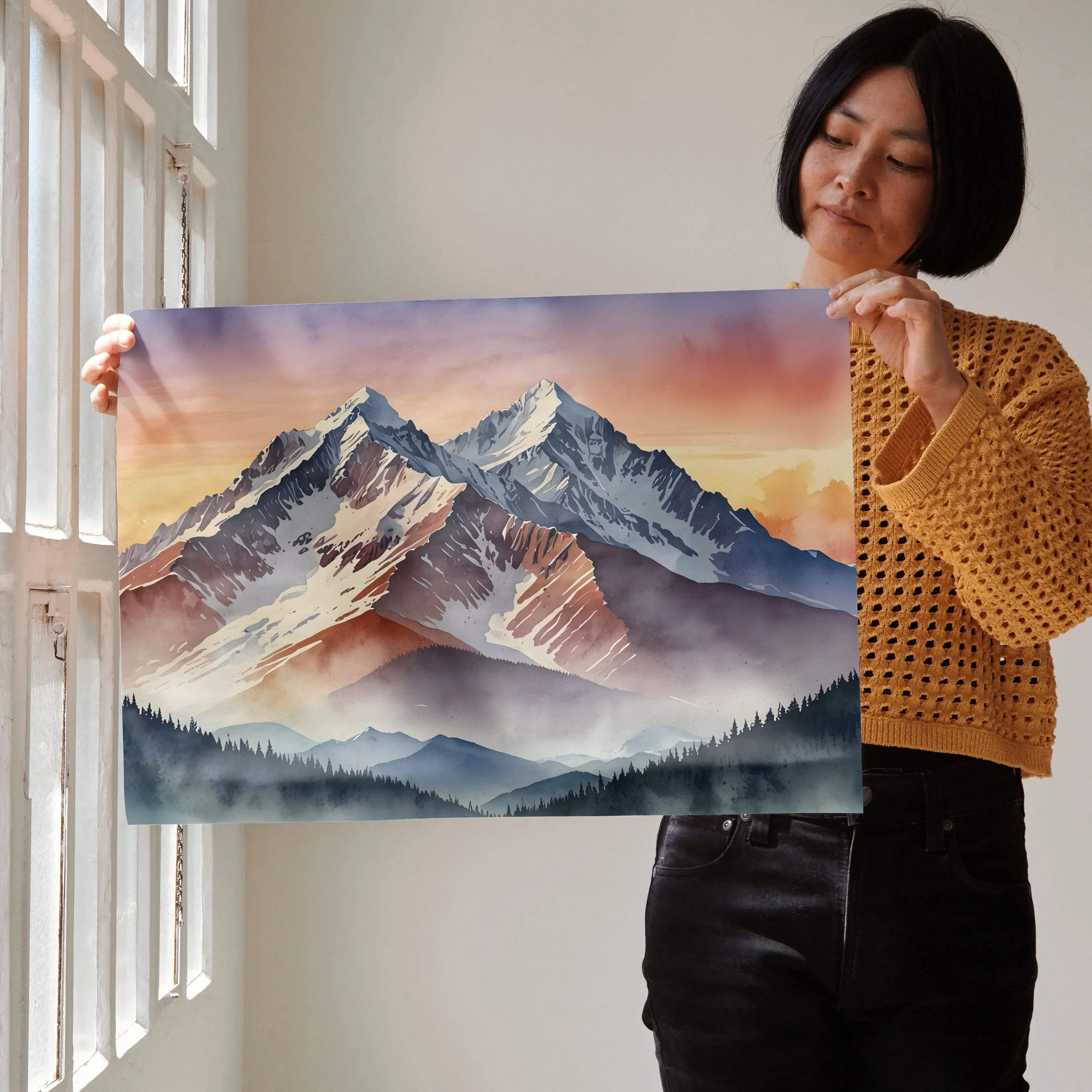Watercolor sunset mountains poster with layered peaks and warm sky wall art.