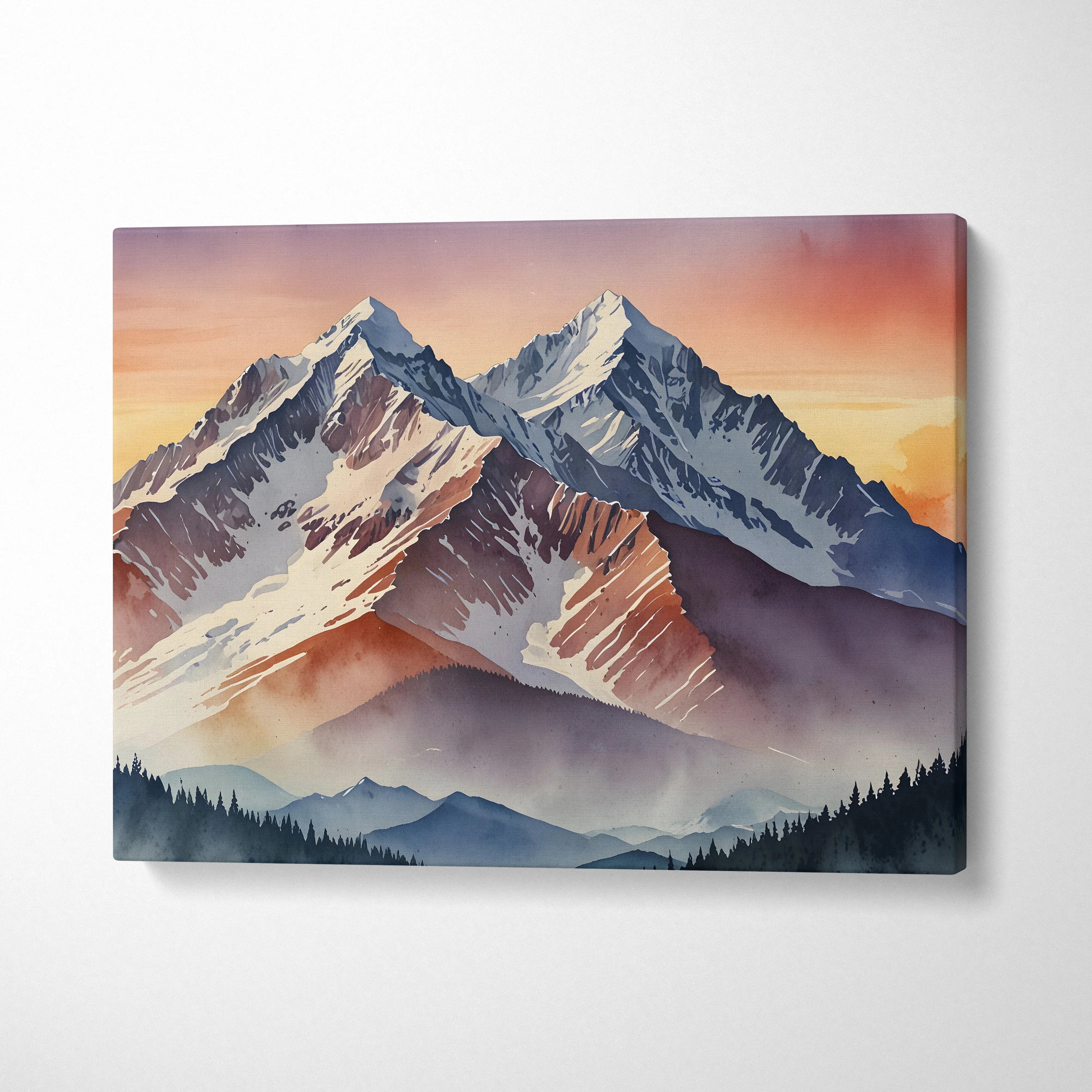 Sunset mountains watercolor canvas art with warm orange sky and layered peaks, wall art decor.