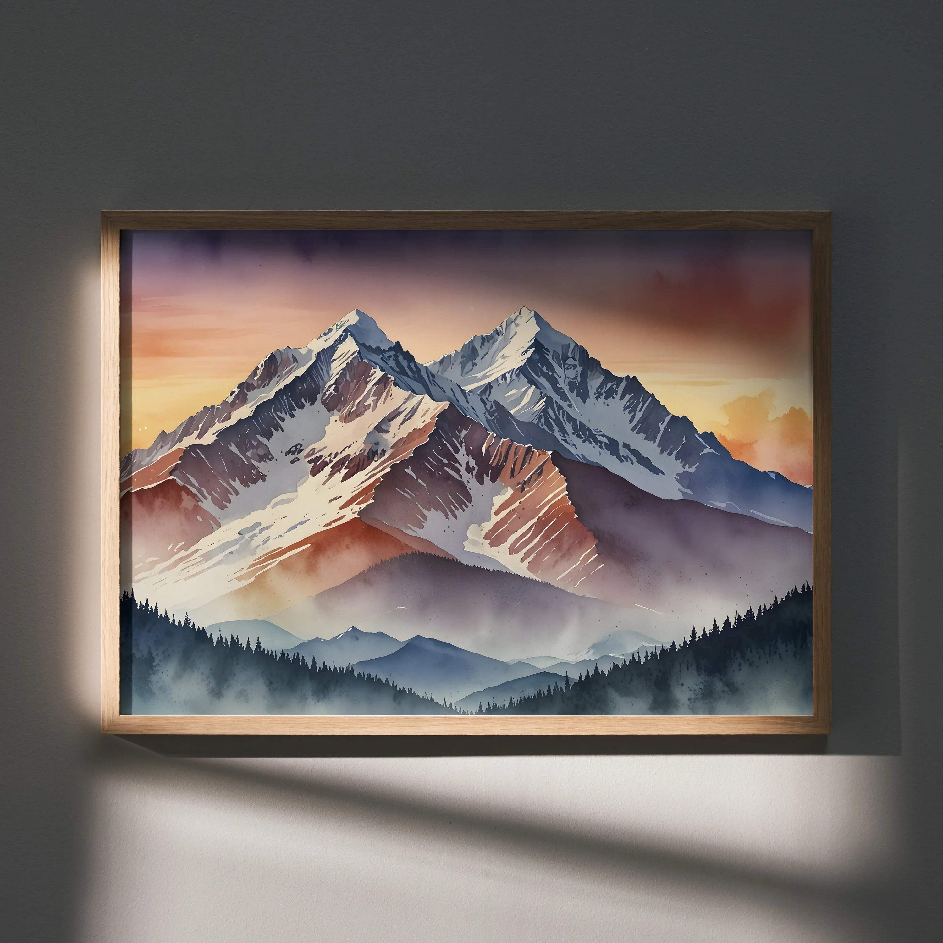 Watercolor poster of sunset mountains with purple and orange sky in wooden frame wall art.