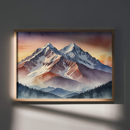 Watercolor poster of sunset mountains with purple and orange sky in wooden frame wall art.