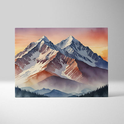 Sunset mountain landscape watercolor canvas wall art with vibrant orange and purple hues.