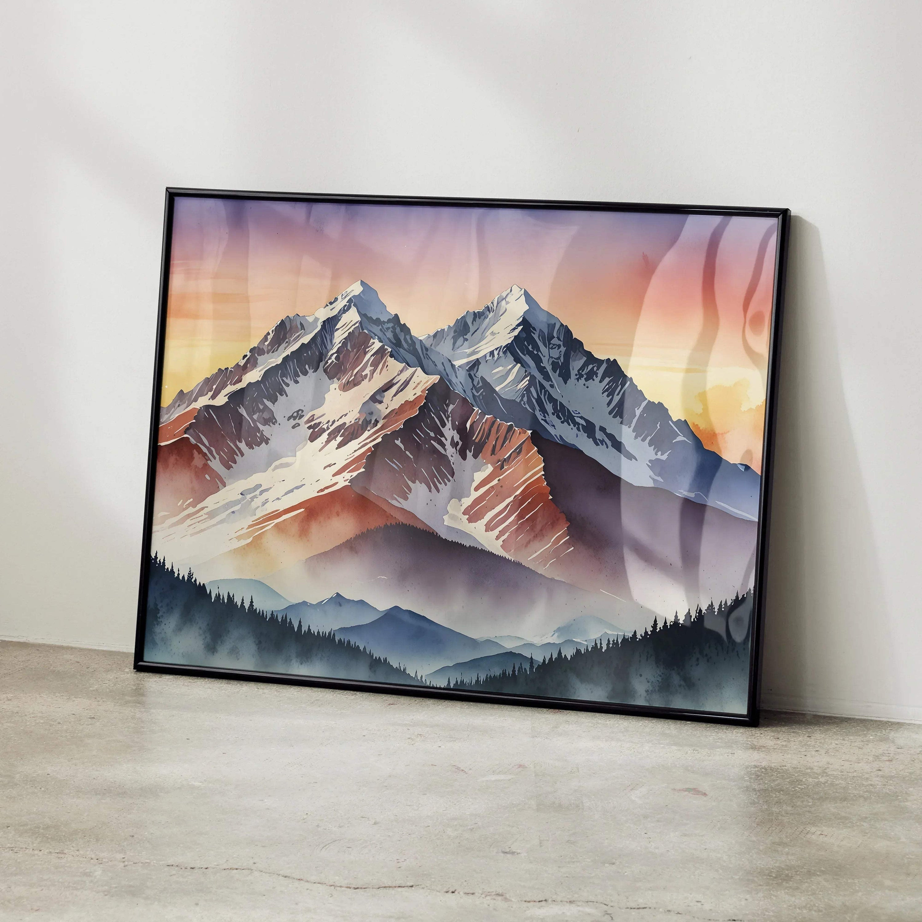 Watercolor sunset mountains poster with soft orange and purple hues, framed wall art.