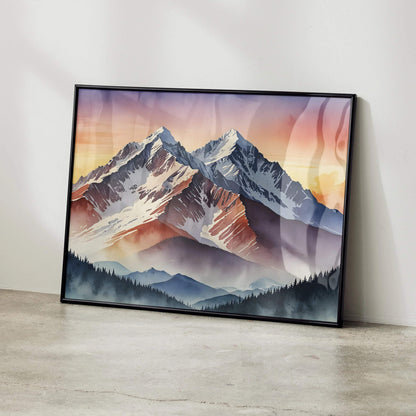 Watercolor sunset mountains poster with soft orange and purple hues, framed wall art.