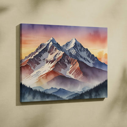 Sunset mountain landscape watercolor canvas wall art with purple and orange sky.